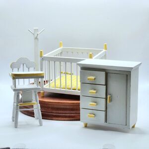 Baby Nursery Furniture Minis Dollhouse Playpen Highchair Dresser Coat Rack 4pc
